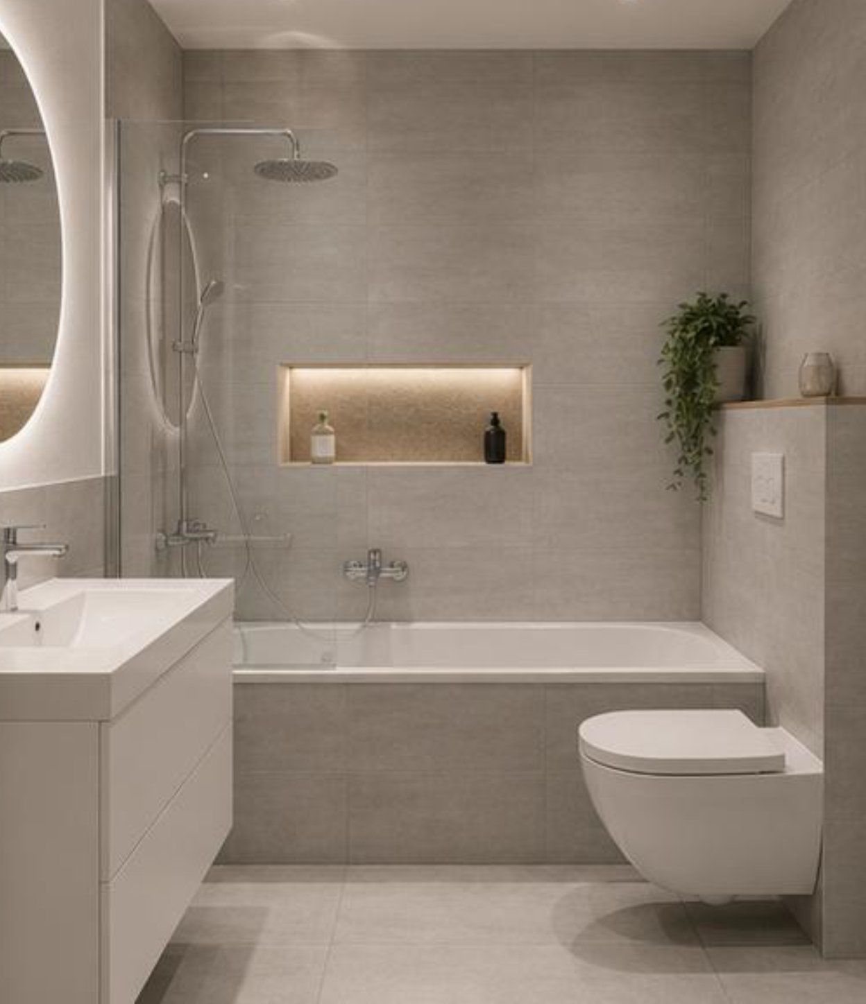 Natursteinbad mit Badewanne, Regendusche und beleuchteter Wandnische